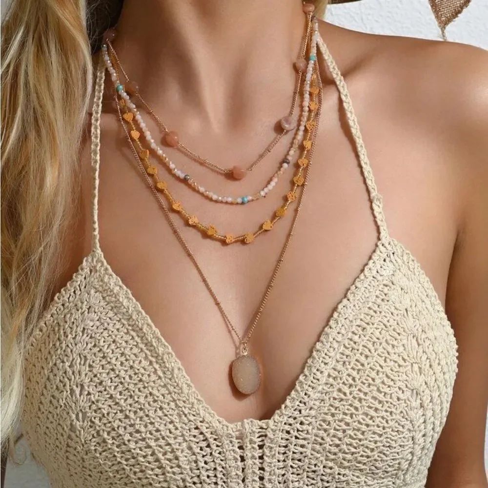 Elegant Gold and Orange Layered Necklace Set R194
